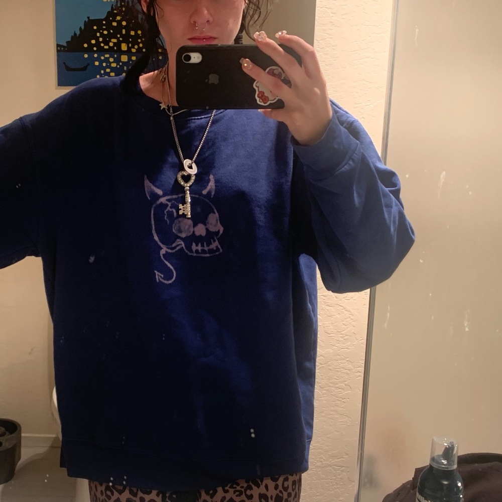 dark navy blue crewneck with bleached skull designed and made by me!!